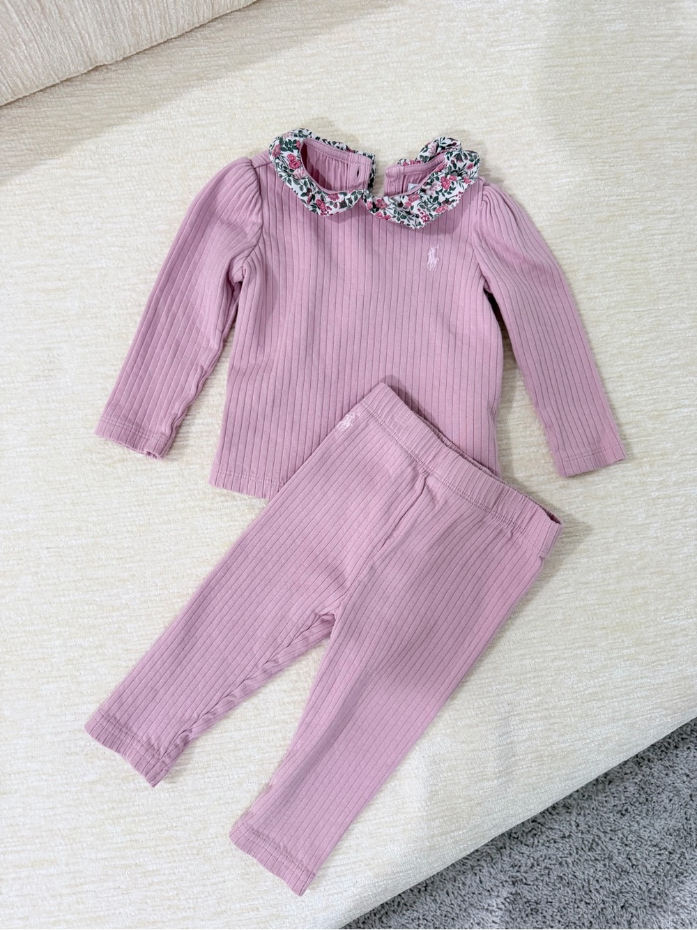 Polo Ralph Lauren Pink Ribbed Two-Piece Set with Floral Collar
